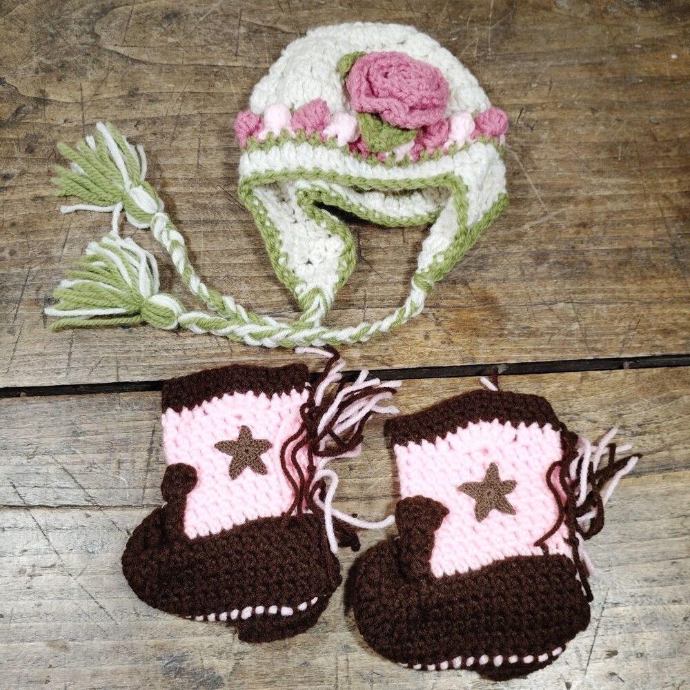 Baby Hand Knit Hat Booties Girl Handmade Crochet Boots Rose Floral Cap